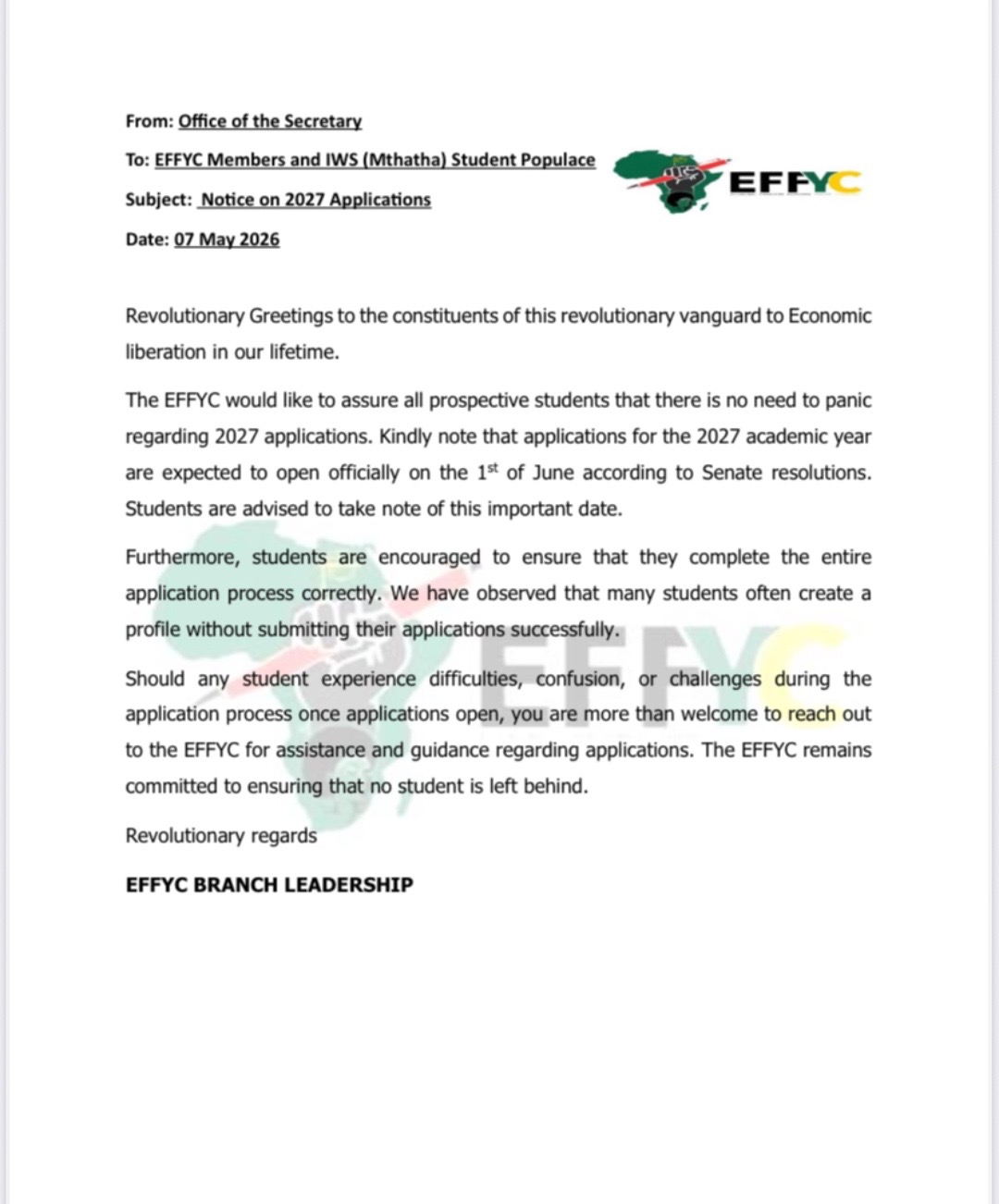 @EFFYC_WSU_MTHATHA Campus